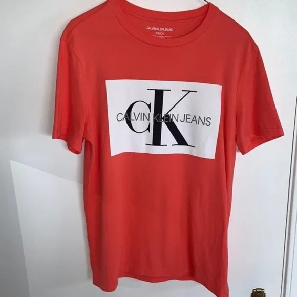Calvin Klein Monogramed Box Logo Orange T-Shirt, 100% Cotton, Size Men's Small - Picture 3 of 6